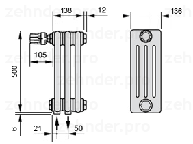 Схема (чертеж) Радиатор Zehnder Charleston 4050/3 №V001 Белый глянцевый RAL 9016
